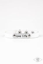Load image into Gallery viewer, Love Life - White Leather Silver "Love Live" Stamped Wrap Bracelet - Demetra's Bling Boutique
