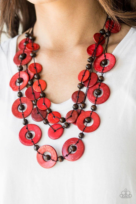 Catalina Coastin - Wooden Disc Red Necklace - Demetra's Bling Boutique