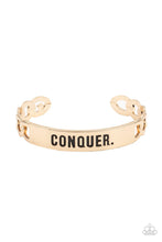 Load image into Gallery viewer, Conquer Your Fears - Gold Centerpiece Stamped "CONQUER" Bracelet - Demetra's Bling Boutique
