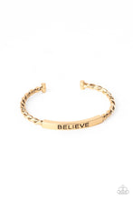 Load image into Gallery viewer, Keep Calm And Believe - Gold "BELIEVE" Stamped Cuff Bracelet - Demetra's Bling Boutique
