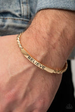 Load image into Gallery viewer, Keep Calm And Believe - Gold "BELIEVE" Stamped Cuff Bracelet - Demetra's Bling Boutique
