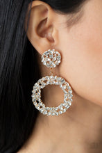 Load image into Gallery viewer, Party Ensemble - Gold Frame White Rhinestone Circle Post Earrings - Demetra's Bling Boutique

