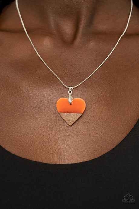 You Complete Me - Orange Acrylic Heart Wooden Accent Necklace - Demetra's Bling Boutique