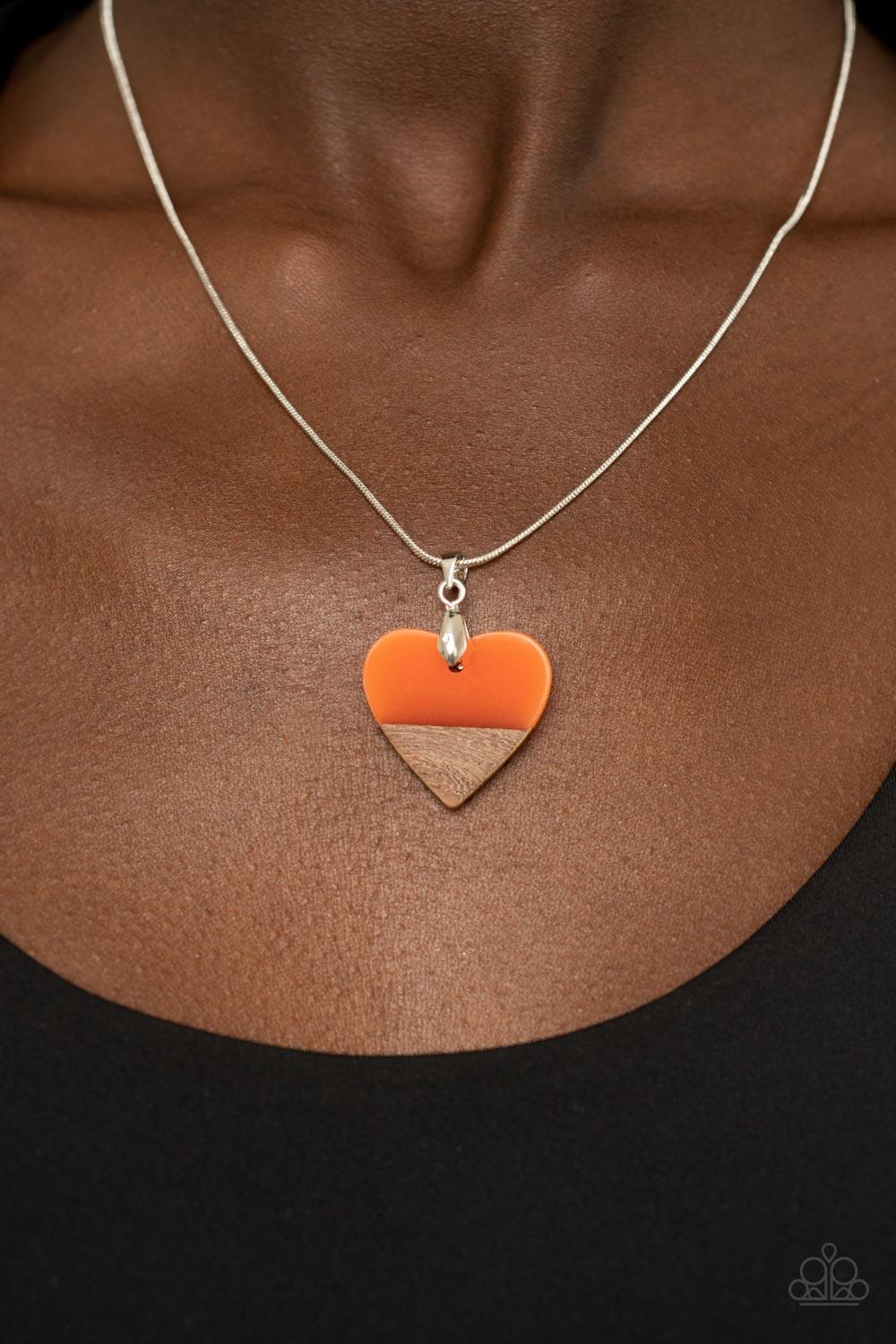 You Complete Me - Orange Acrylic Heart Wooden Accent Necklace - Demetra's Bling Boutique