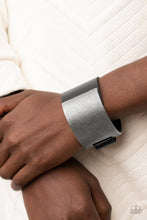 Load image into Gallery viewer, Studded Synchronism - Black Leather Silver Rectangle Wrap Bracelet - Demetra's Bling Boutique

